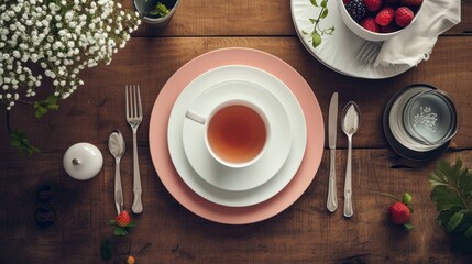 Wall Mural -  a cup of tea sits on a plate next to a bowl of strawberries and a vase of baby's breath.