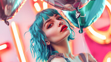 A Young Pretty Hipster Girl With Blue Hair And Bright Makeup Holds A Shiny Balloon Against The Background Of Neon Signs