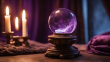 Crystal Ball On A Table  A Mystical And Ancient Crystal Ball With A Carved Wooden Stand, A Purple Cloth, And A Candle.  