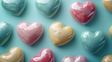  A Group Of Heart Shaped Candies Sitting Next To Each Other On A Blue And Green Surface With Pastel Colors.