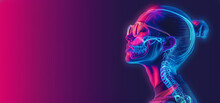 Close Up View Side Profile Shot Of Beautiful Woman Face In Glasses With Anatomical X-ray Skeleton Details. Bright Neon Led Lights, Pink And Blue Color Background With Copy Space