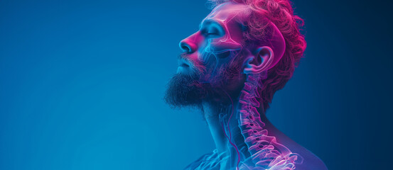 Wall Mural - Close up view side profile shot of handsome man face with anatomical x-ray skeleton details. Bright neon led lights, pink and blue color background with copy space
