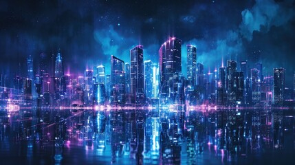 cityscape with space and neon light effect. Modern hi-tech, science, futuristic technology concept. Abstract digital high tech city design for banner background