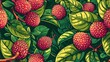  a painting of a bunch of fruit on a tree branch with green leaves and a red fruit on top of it.