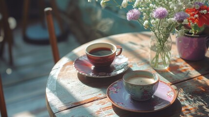 Wall Mural -  a cup of coffee sitting on top of a saucer next to a vase of flowers on top of a wooden table.