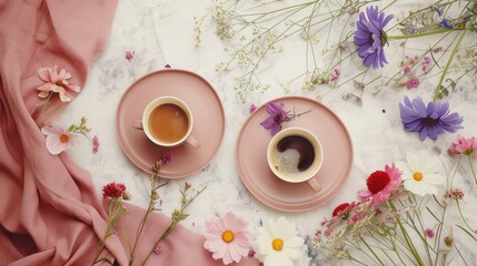 Wall Mural -  a couple of cups of coffee sitting on top of pink saucers next to a bunch of wildflowers.