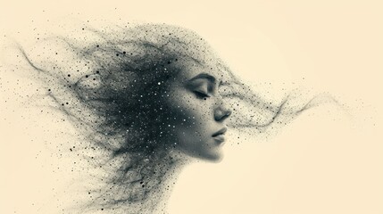 Wall Mural -  a black and white photo of a woman's face with her hair blowing in the wind and stars in the background.