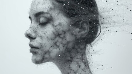 Wall Mural -  a black and white photo of a woman's face with her eyes closed and her hair blowing in the wind.