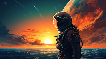 Wall Mural - colorful illustration of astronaut in space suit and helmet exploring alien planet with mountains and stars and moons on night sky, astronomy concept 