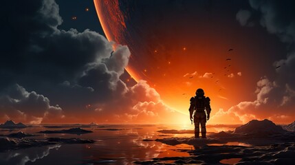Wall Mural - colorful illustration of astronaut in space suit and helmet exploring alien planet with mountains and stars and moons on night sky, astronomy concept 