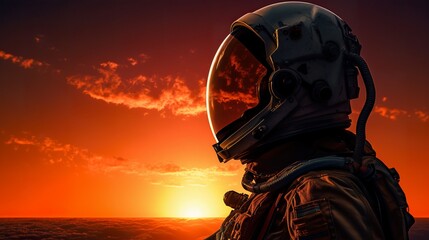 Wall Mural - colorful illustration of astronaut in space suit and helmet exploring alien planet with mountains and stars and moons on night sky, astronomy concept 
