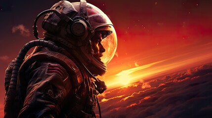 Wall Mural - colorful illustration of astronaut in space suit and helmet exploring alien planet with mountains and stars and moons on night sky, astronomy concept 