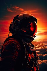 Wall Mural - colorful illustration of astronaut in space suit and helmet exploring alien planet with mountains and stars and moons on night sky, astronomy concept 