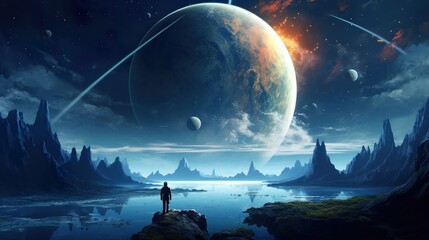 Wall Mural - colorful illustration of astronaut in space suit and helmet exploring alien planet with mountains and stars and moons on night sky, astronomy concept 