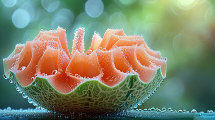 Wall Mural -  a close up of a watermelon in a bowl with drops of water on the surface of the bowl.