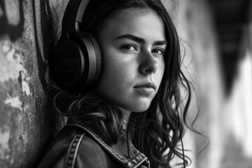 Wall Mural -  a black and white photo of a girl wearing headphones and leaning against a wall with a serious look on her face.