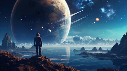 Wall Mural - colorful illustration of astronaut in space suit and helmet exploring alien planet with mountains and stars and moons on night sky, astronomy concept 