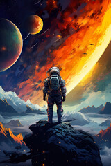 Wall Mural - colorful illustration of astronaut in space suit and helmet exploring alien planet with mountains and stars and moons on night sky, astronomy concept 