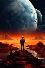 Wall Mural - colorful illustration of astronaut in space suit and helmet exploring alien planet with mountains and stars and moons on night sky, astronomy concept 