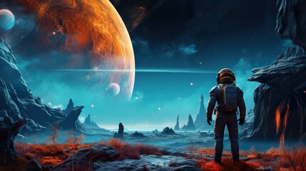 Wall Mural - colorful illustration of astronaut in space suit and helmet exploring alien planet with mountains and stars and moons on night sky, astronomy concept 