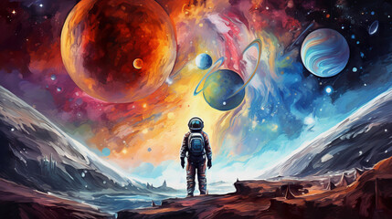 Wall Mural - colorful illustration of astronaut in space suit and helmet exploring alien planet with mountains and stars and moons on night sky, astronomy concept 