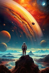 Wall Mural - colorful illustration of astronaut in space suit and helmet exploring alien planet with mountains and stars and moons on night sky, astronomy concept 