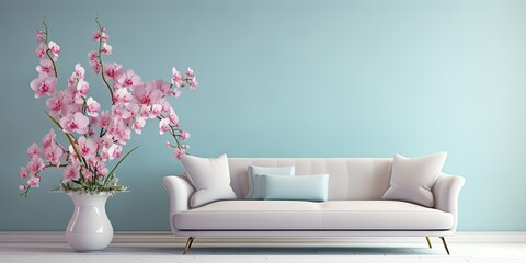 Wall Mural - Minimalist room with classical interior, featuring a pastel blue sofa, carriage tie, and large white vase adorned with orchids.