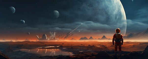 Wall Mural - colorful illustration of astronaut in space suit and helmet exploring alien planet with mountains and stars and moons on night sky, astronomy concept 
