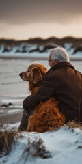 Sticker - Ein älteres Ehepaar mit Hund kuschelt sich am Strand