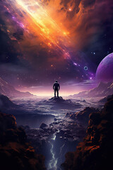 Wall Mural - colorful illustration of astronaut in space suit and helmet exploring alien planet with mountains and stars and moons on night sky, astronomy concept 