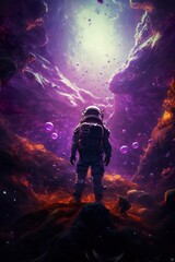Wall Mural - colorful illustration of astronaut in space suit and helmet exploring alien planet with mountains and stars and moons on night sky, astronomy concept 