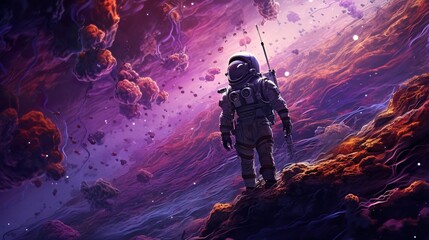 Wall Mural - colorful illustration of astronaut in space suit and helmet exploring alien planet with mountains and stars and moons on night sky, astronomy concept 