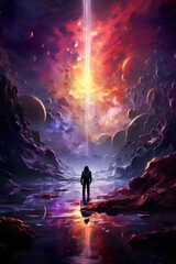 Wall Mural - colorful illustration of astronaut in space suit and helmet exploring alien planet with mountains and stars and moons on night sky, astronomy concept 