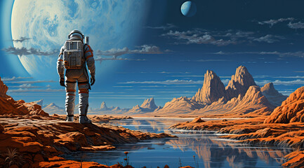 Wall Mural - colorful illustration of astronaut in space suit and helmet exploring alien planet with mountains and stars and moons on night sky, astronomy concept 