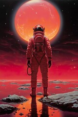 Wall Mural - colorful illustration of astronaut in space suit and helmet exploring red alien planet with mountains and stars and moons on night sky, astronomy concept 