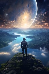 Wall Mural - colorful illustration of astronaut in space suit and helmet exploring alien planet with mountains and stars and moons on night sky, astronomy concept 