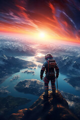 Wall Mural - colorful illustration of astronaut in space suit and helmet exploring alien planet with mountains and stars and moons on night sky, astronomy concept 