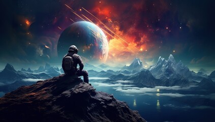Wall Mural - colorful illustration of astronaut in space suit and helmet exploring alien planet with mountains and stars and moons on night sky, astronomy concept 