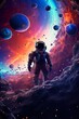 abstract illustration of astronaut floating in outer space, dreamlike cosmonaut in space suit flying on purple clouds of cosmos, astronomy concept