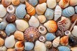 Colorful seashell background, lots of mixed seashells piled together ,background of seashells