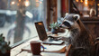 A raccoon types away on a laptop in a warmly lit cafe setting.