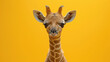 A playful giraffe with a smirking expression, wearing a yellow hoodie, against a vibrant yellow background.