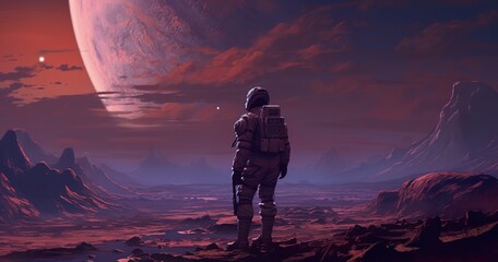 Wall Mural - colorful illustration of astronaut in space suit and helmet exploring alien planet with mountains and stars and moons on night sky, astronomy concept 