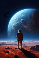 Wall Mural - colorful illustration of astronaut in space suit and helmet exploring alien planet with mountains and stars and moons on night sky, astronomy concept 