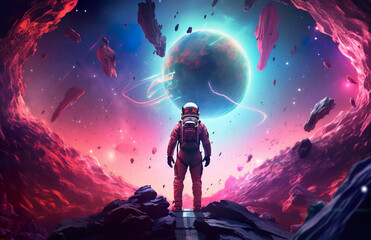 Wall Mural - colorful illustration of astronaut in space suit and helmet exploring alien planet with mountains and stars and moons on night sky, astronomy concept 