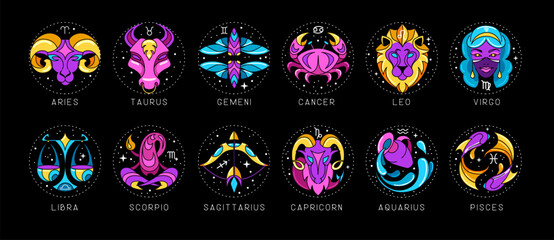 Wall Mural - Set of modern cartoon astrology zodiac signs isolated on black background. Set of fluorescent Zodiac icons. Vector illustration