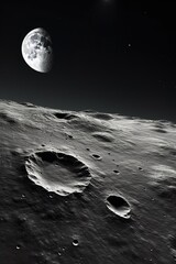 Sticker - surface of moon in black open space, cosmic satellite landscape with craters