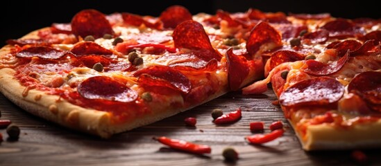 Wall Mural - A close-up of a pizza with red pepper slices.