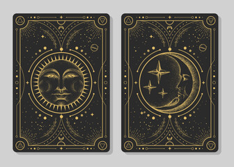 Wall Mural - set of modern magic witchcraft cards with astrology sun and moon sign with human face. day and nignt