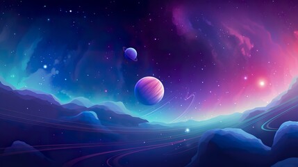 Wall Mural - colorful illustration of cosmos with planets, stars and nebulas, in style of purple and blue, cartoon astronomy concept, swirl patterns